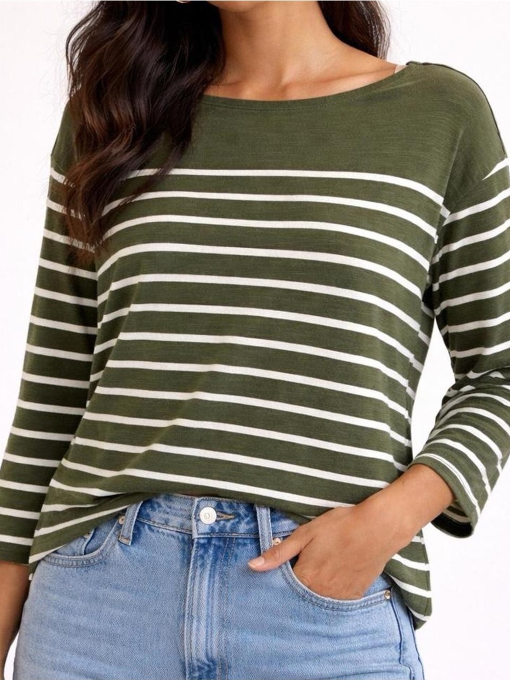 Striped Boatneck Long-Sleeve Top - Olive/White